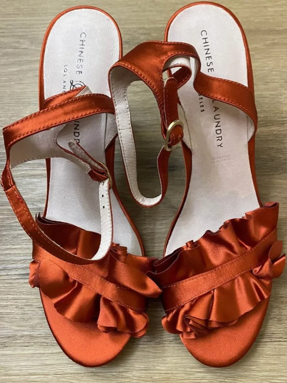 Chinese Laundry Rust Satin Ruffle Toe Ankle Strap Heels Size 9 ~ 4” Stiletto Dre